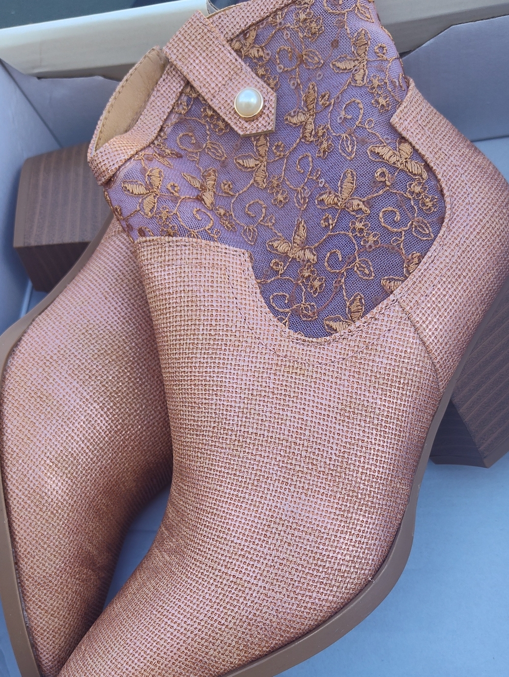 Cato Metallic Rose Ankle Booties with Lace Pearl Accent